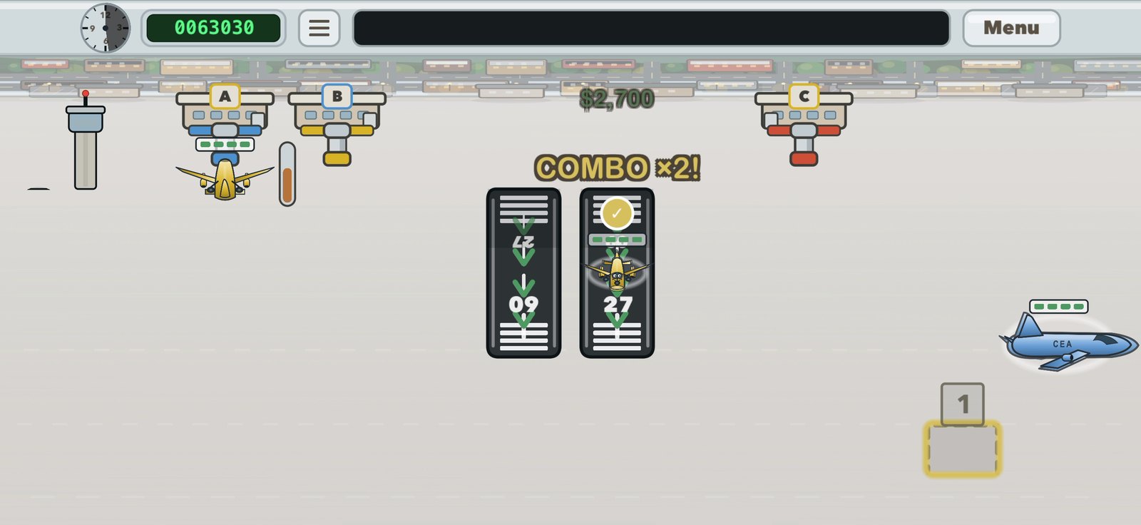 A COMBO x2 badge glows over two runways in Plane Parade while a cash bonus floats above the gates.