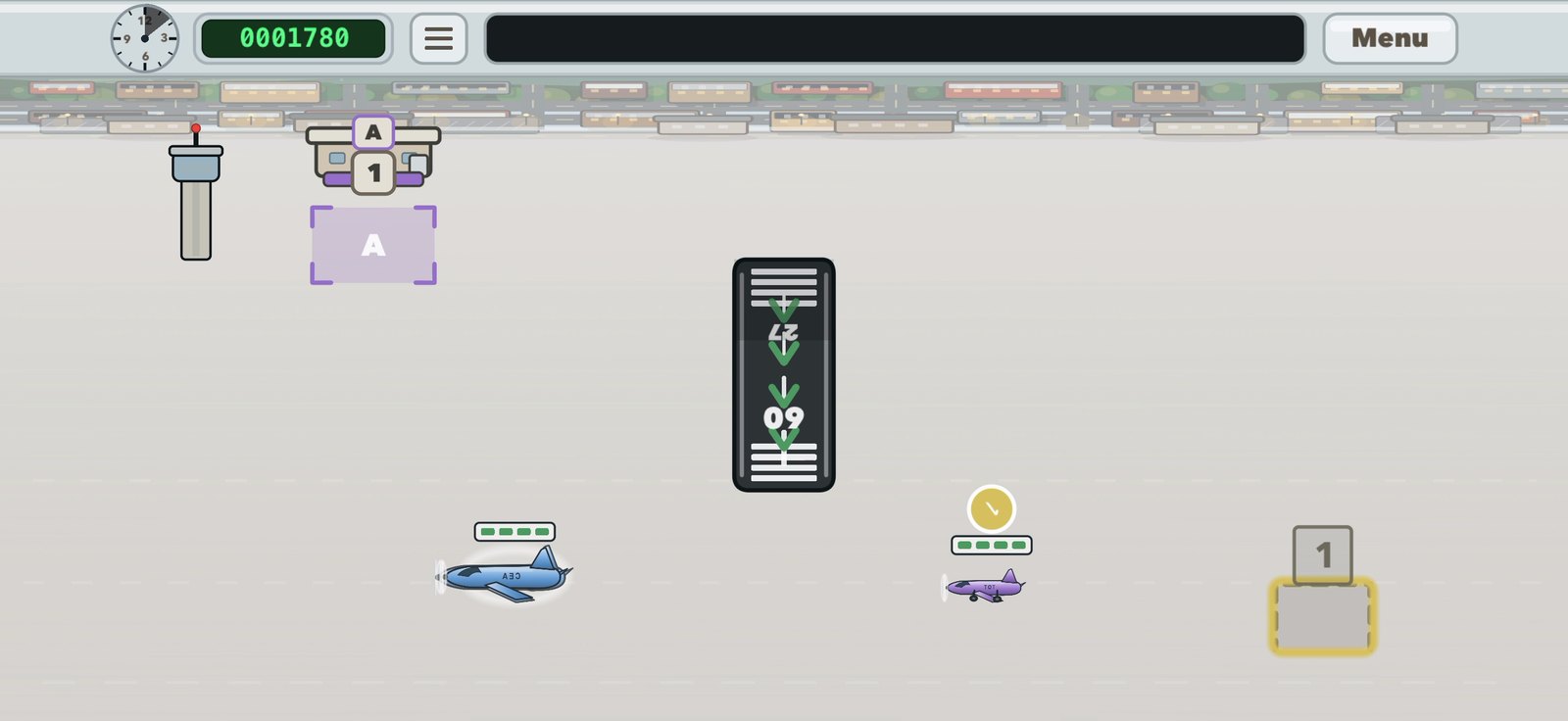 A Plane Parade board with one runway, a single gate marked A, the shift clock and score in the top bar, and two planes taxiing below.