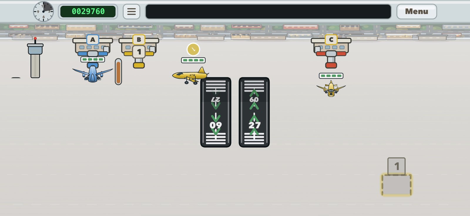 A Plane Parade board with several planes at gates and on the apron, each showing a patience bar and a status bubble.