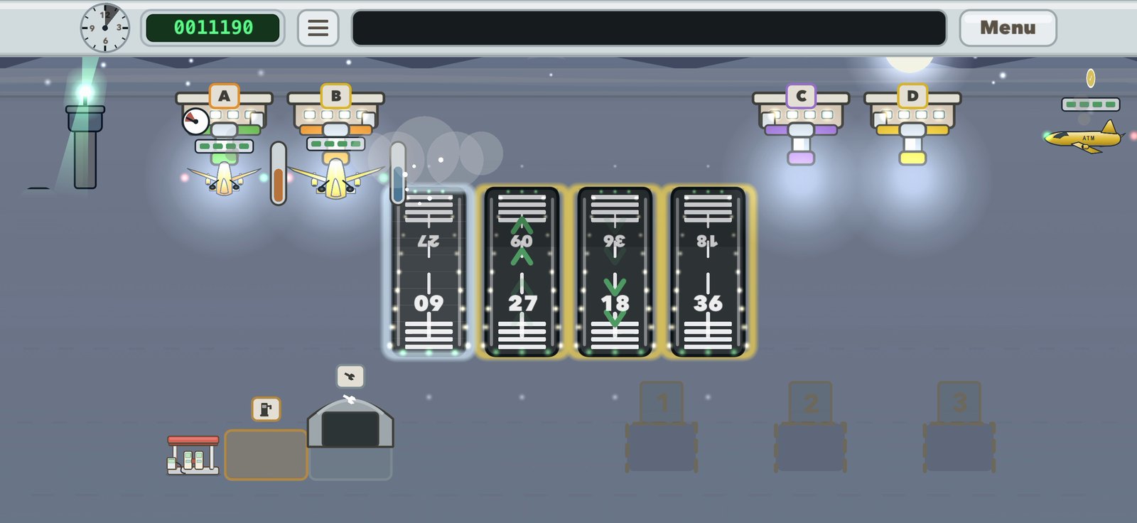 A Plane Parade board after dark: runway edge lights and gate lamps glowing, aircraft navigation lights blinking, four lit strips down the middle of the field.