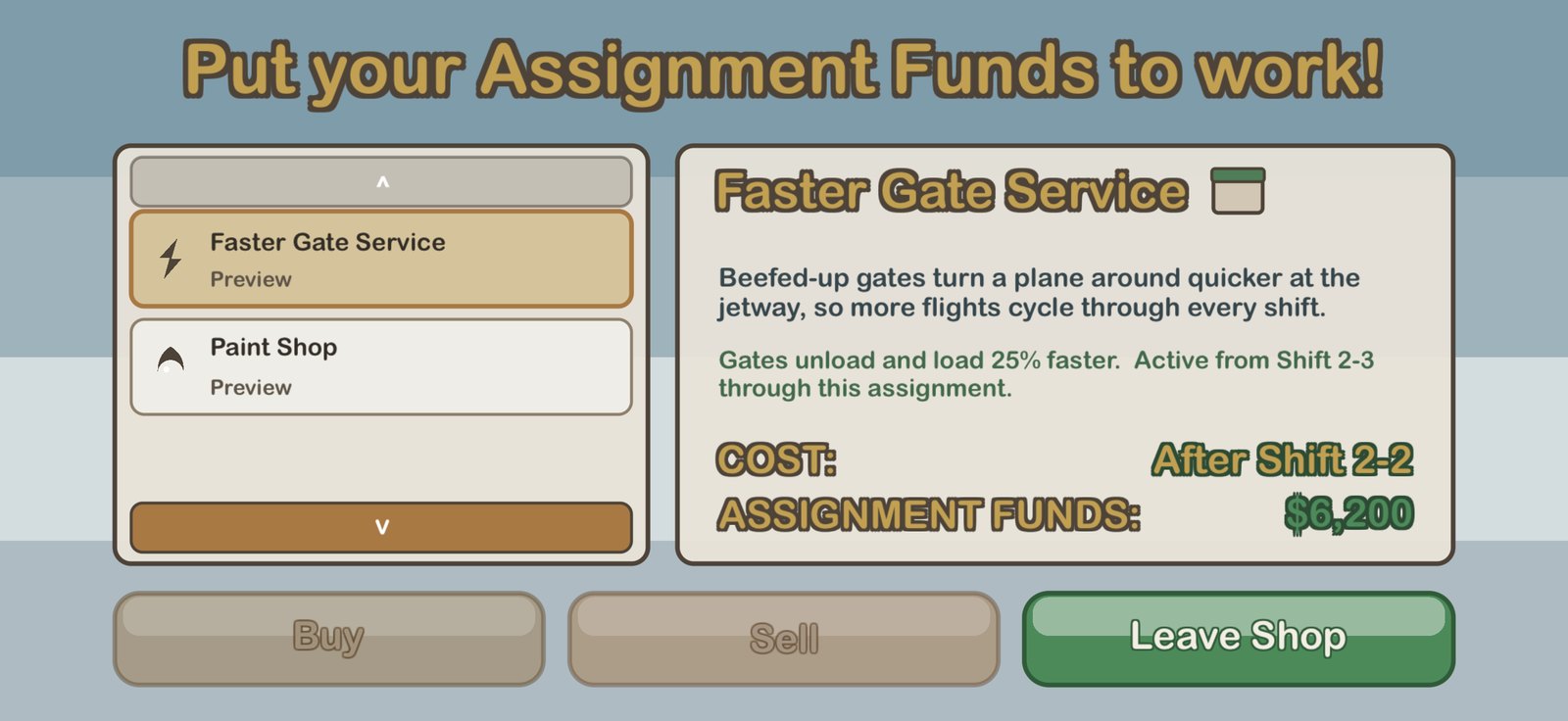 The Plane Parade shop screen showing the Faster Gate Service upgrade, its description, cost and the player's available assignment funds.
